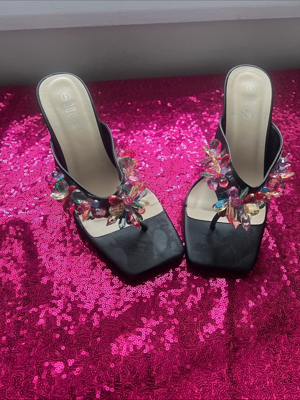 NUX Black Jeweled Floral Slide Mules